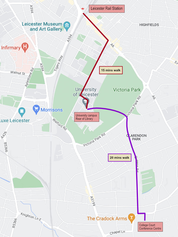 Map showing walking route from Leicester Railway Station to the University and College Court