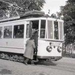 Black and white image of a tram